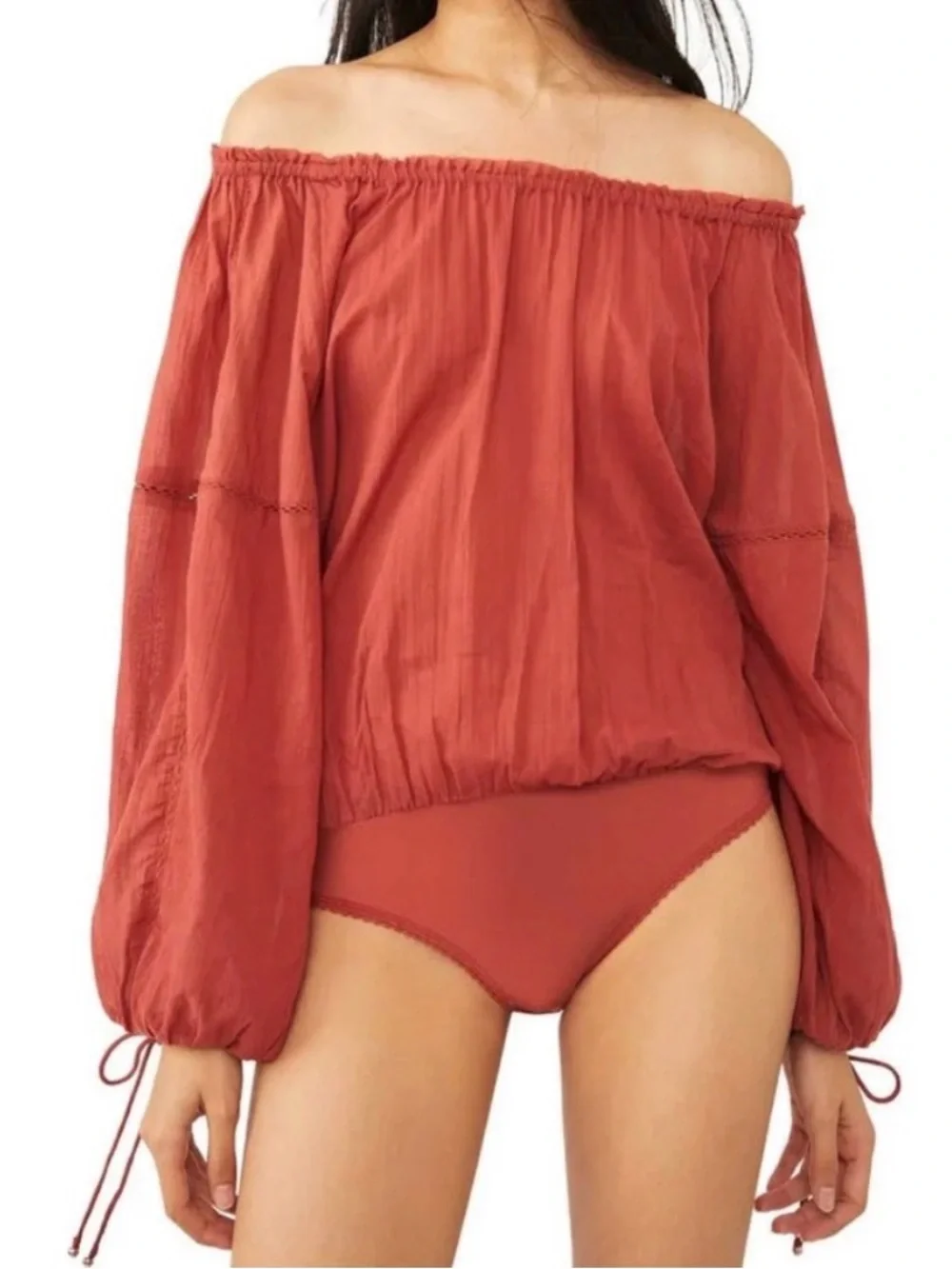 Free People Intimately SUNDOW‎ DARK CORAL Lightweight bodysuit balloon sleeve L
